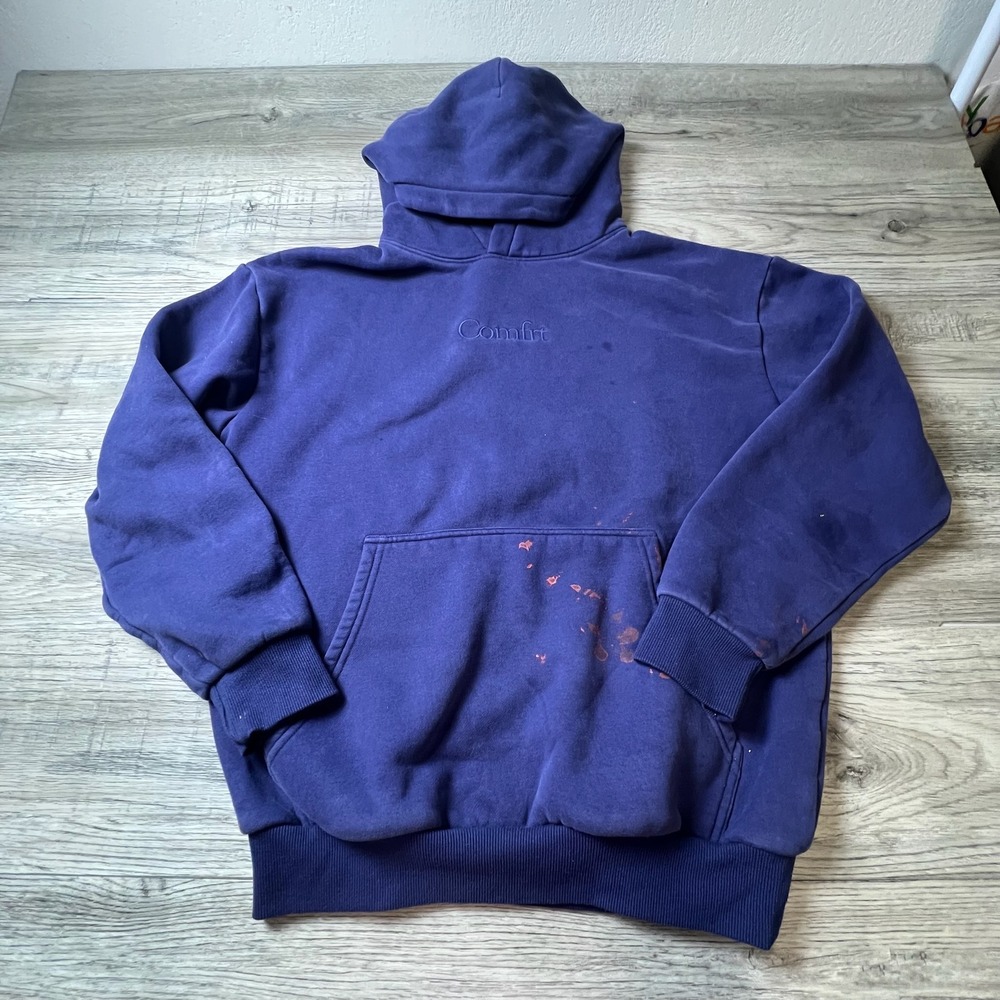 Comfrt Hoodie Men Small Navy Blue Embroidered Logo Heavyweight Fleece Distressed